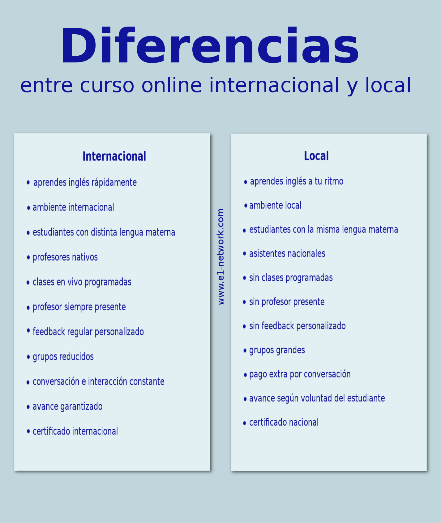 Lista de diferencias entre curso online local e internacional